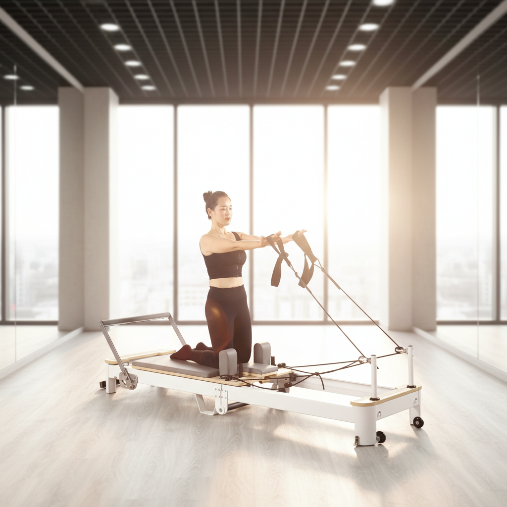 Pilates & Yoga Tina Fehrenbach - Oak Pilates Reformer, White Aluminum Foldable,